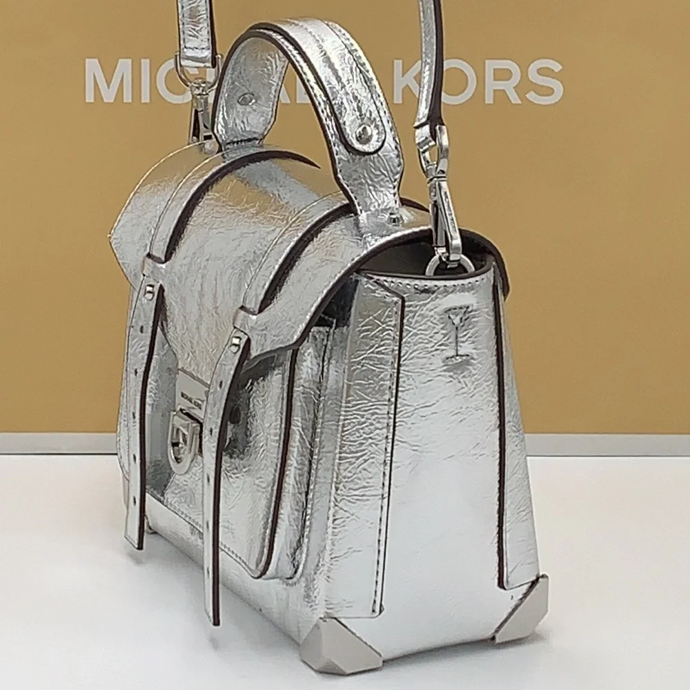 MICHAEL KORS MANHATTAN MEDIUM TOP HANDLE SCHOOL SATCHEL CROSSBODY BAG SILVER